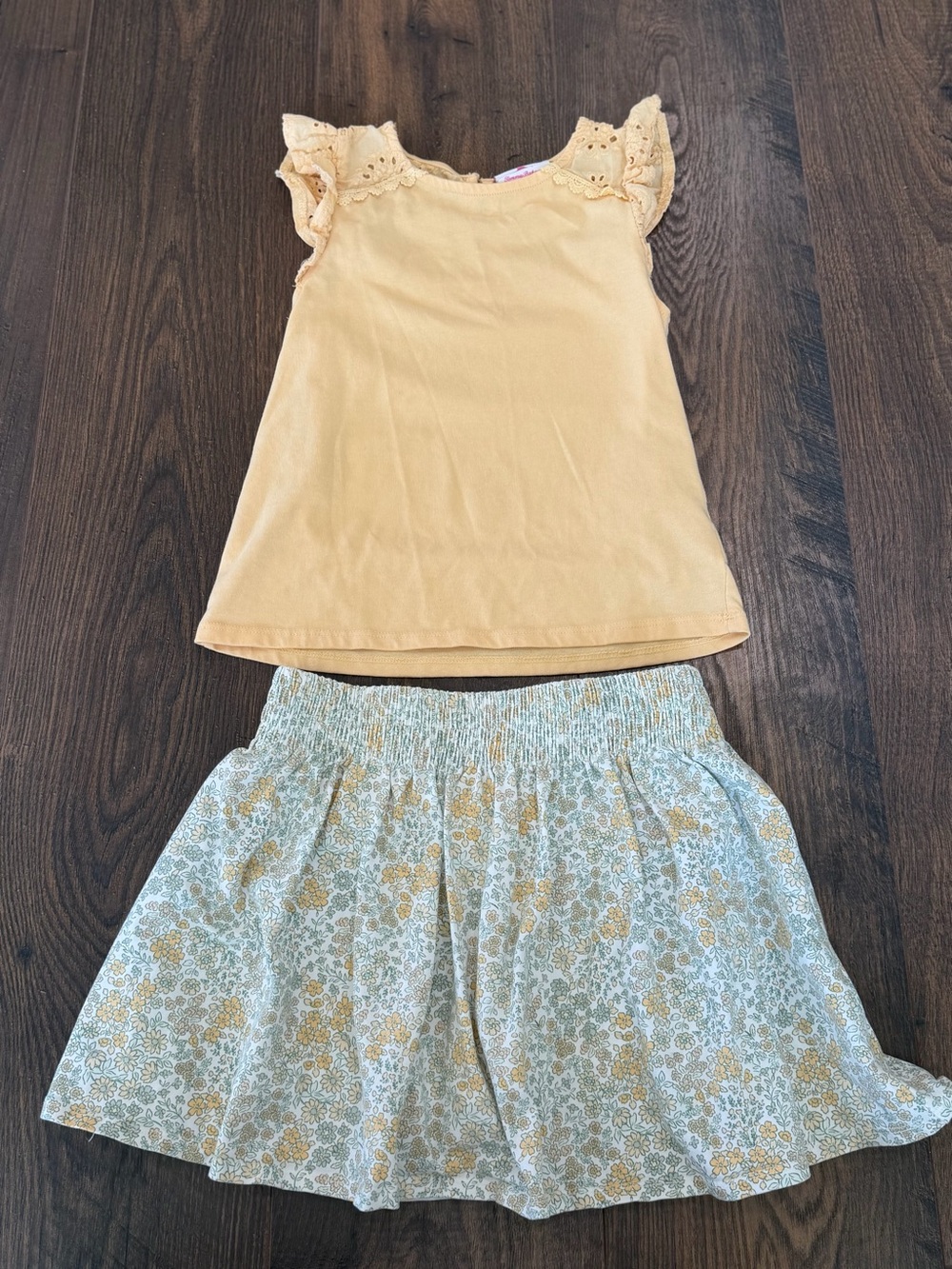 Girls Yellow Lace-Sleeve Top and Floral Skirt Set